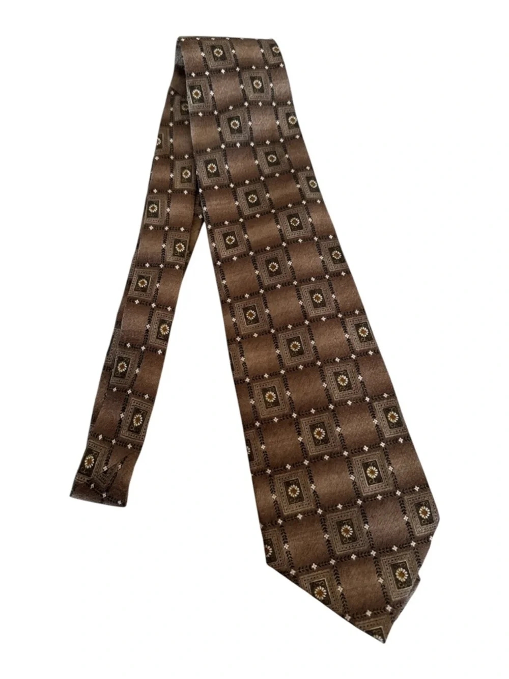 Pierre Cardin Silk Tie Brown Geometric Daisy Medallion Necktie‎ Classic Designer